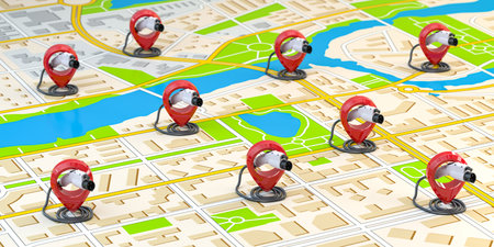 Electric car EV charging point location. Car charger power plugs with pins on the map of a city. 3d...