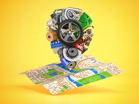 Map pin from car parts on city map. Location of car repair service or garage concept. 3d illustration.の写真素材