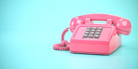pink phone. Vintage retro push button telephone on cyan backgound. 3d illustrationの写真素材