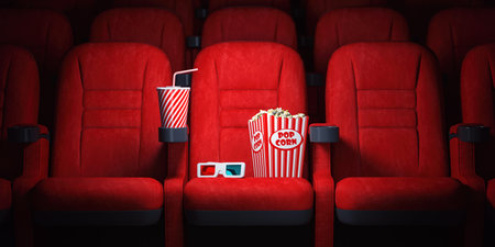 Red cinema seats and cola, popcorn and glasses in empty theater. Cinema movie theater concept...