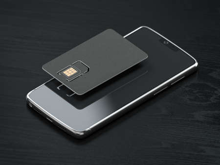 Blank black SIM smart card and mobile phone or smartphone on black table. Mock up. 3d illustrationの写真素材