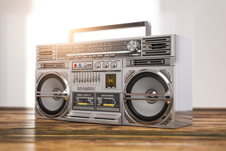 Retro boombox ghetto blaster, radio and audio tape recorder on wooden table. 3d illustrationの写真素材