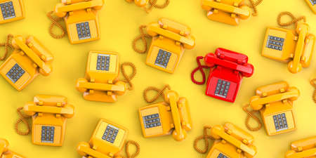 Red vintage telephone on background from yellow retro telephones. Contact us and support concept background. 3d illustrationの写真素材