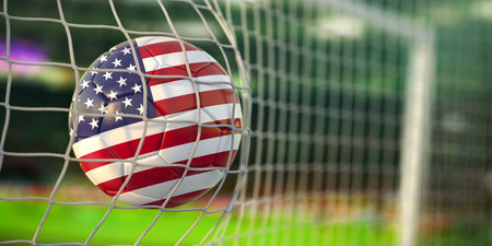 Football ball with flag of USA in the net of goal of football stadium. Football championship of United States concept. 3d illustrationの写真素材