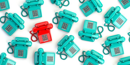 Pink vintage telephone on background from blue retro telephones. Contact us and support concept...