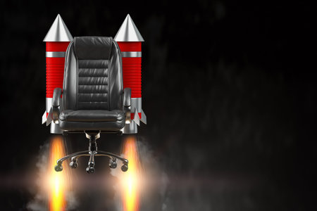 Flying office chair with burning rocket. Start up, career opportunities concept. 3d illustration