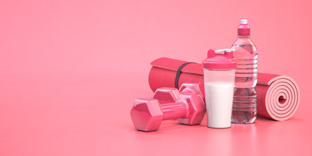 Sport equipment, mat, dumbells and protein shaker for fitness and gym on pink background. 3d illustrationの写真素材