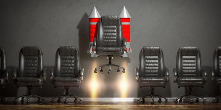 Flying office chair with burning rocket in a row. Leadership, recruiting and career opportunities...