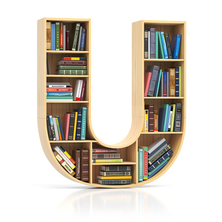 Letter U in form of bookshelf with book and texbooks. Educational and learning conceptual font and alphabet. 3d illustrationの写真素材