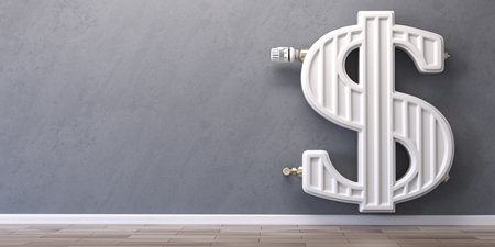 Heating radiator in the form of dollar sign. Energy crisis, energy efficiency and rising heating costs in USA concept. 3d illustrationの写真素材