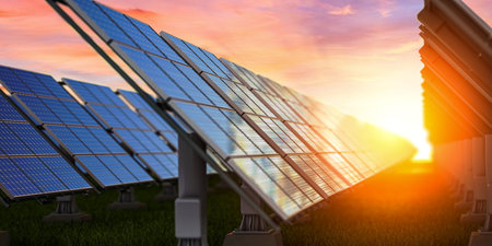 Solar panels, photovoltaics on evening sky background. 3d illustration