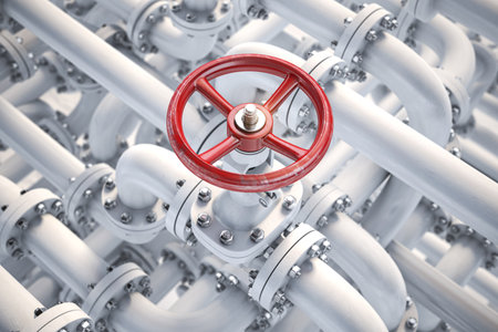Oil or gas pipe line valve. Oil and gas control, extraction, production and transportation industrial background. 3d illustrationの写真素材