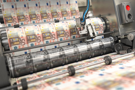 Printing money euro bills on a print machine in typography.. Finance, tax, stock market and investment, making money concept. 3d illustrationの写真素材