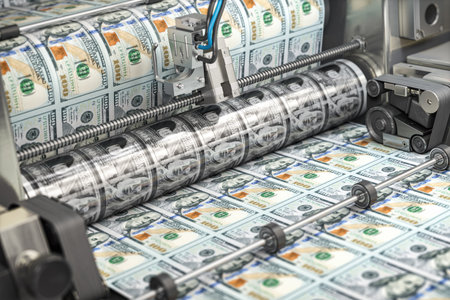 Printing money dollar bills on a print machine in typography.. Finance, tax, stock market and investment, making money concept. 3d illustrationの写真素材