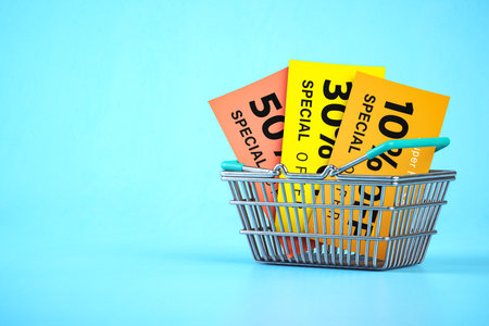 Shopping basket with discount flyers and vouchers on blue background.. Sales promotional poster. 3d illustrationの写真素材