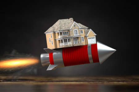 Real estate market growth. Home value, mortgage rates and rent housing prices increasing concept. House on a flying rocket. 3d illustrationの写真素材