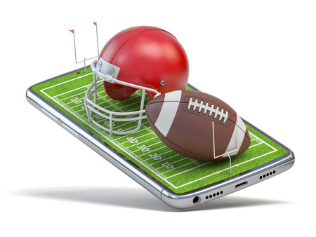 American football app video game on smartphone.. Mobile phone and american football ball and helmet isolated on white. 3d illustrationの写真素材