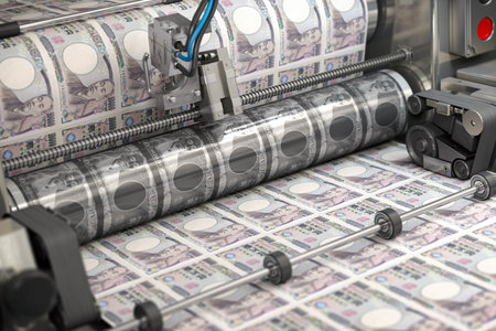 Printing money japan yen bills on a print machine in typography.. Finance, tax, stock market and investment, making money concept. 3d illustrationの写真素材