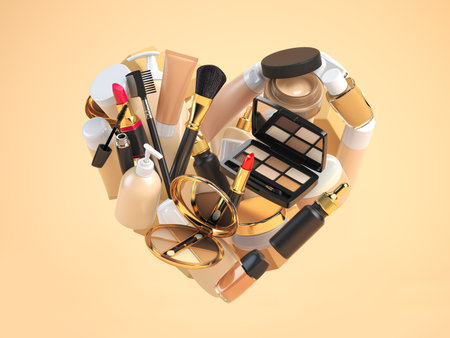 Make up, fashion cosmetics product in form of heart isolated on white. 3d illustrationの写真素材