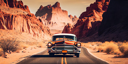 Retro car on a road in canyon. AI generated illustrationの素材