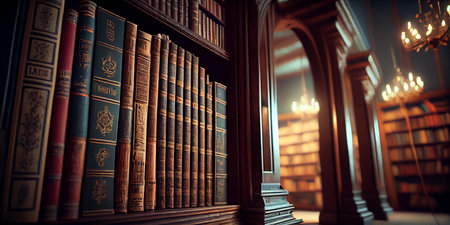 Old library on classic style with vintage books on bookshelves. AI midjourney generated illustrationの素材