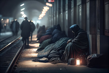 Homeless people in a raiway or metro station. Homelessness, hopeless and poverty concept. AI generated illustrationの素材