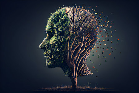 Human memory loss, dementia, alzheimer's desease. Tree in a form of human tree with falling leaves. AI generated illustrationの素材
