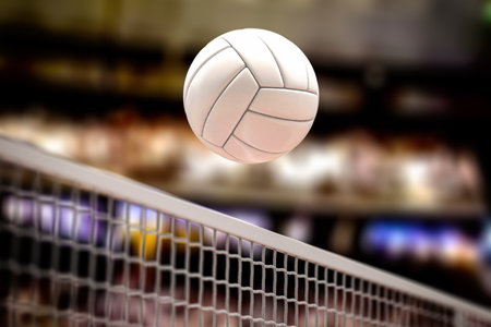 Volleyball ball and net in volleyball arena during a match. 3d illustrationの写真素材