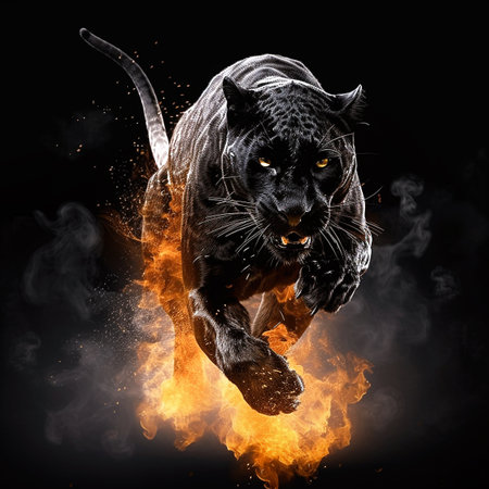 Jumping panther in a burning fire, AI generated illustrationの素材
