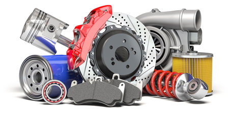 Car parts or auto car spare isolated on white background. 3d illustrationの写真素材