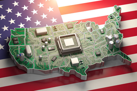 USA semiconductor industry, computer chips manufacturing and artificial intelligence concept. Motherboard with CPU processor in form of map of United States. 3d illustrationの写真素材