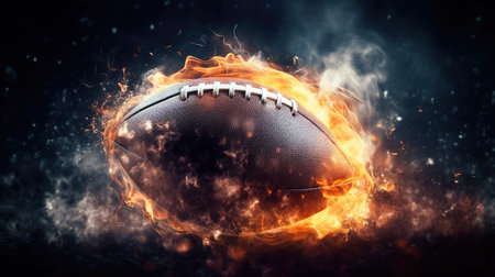 American football ball in a burning fire flame. AI generated illustrationの素材