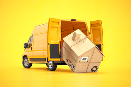 Concept of moving house. Delivery van and cardboard box n form of house on yellow background. 3d illustrationの写真素材