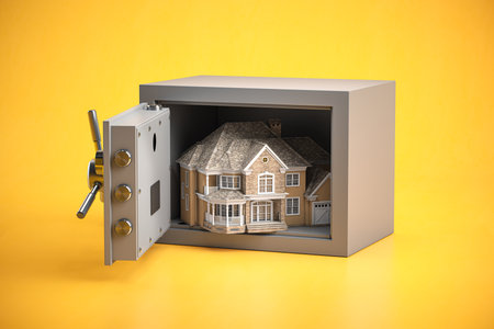 House in opened vault safe. Home safety or investment and savings concept. 3d illustrationの写真素材