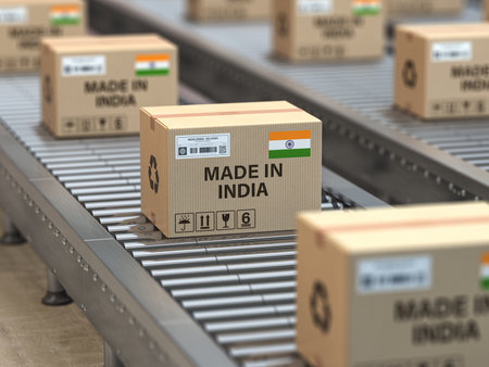 Made in India. Cardboard boxes with text made in India and indian flag on the roller conveyor. 3d illustrationの写真素材