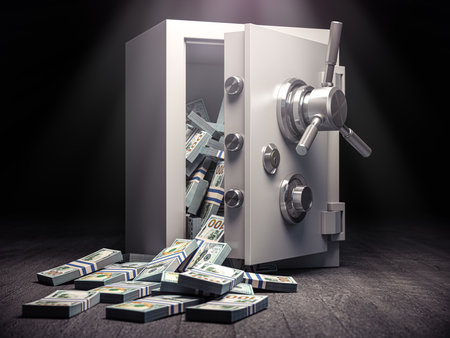 Unlocked steel safe with dollar banknote packs inside. 3d illustrationの写真素材