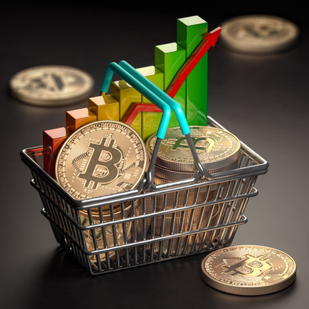 Growth of bitcoin BTC price concept. Shopping basket full of bitcoin coins with chart. 3d illustrationの写真素材