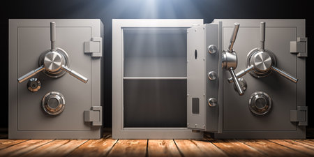 Three safe deposit boxes with one door open. Choosing the right bank to your savings. 3d illustrationの写真素材