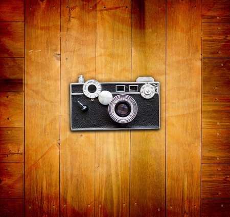 Vintage Pictures and Camera on Wooden Old Tableの写真素材