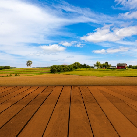 Old Table Surface With Blurred Countryside Landscapeの写真素材