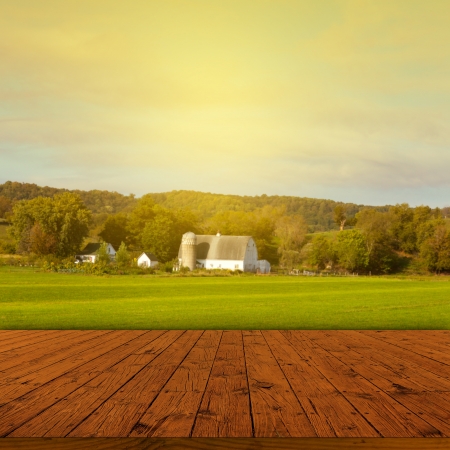 Old Table Surface With Blurred Countryside Landscapeの写真素材