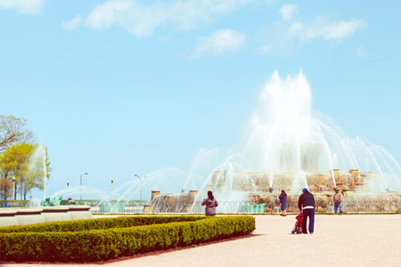 fountain in chicago downtownの写真素材