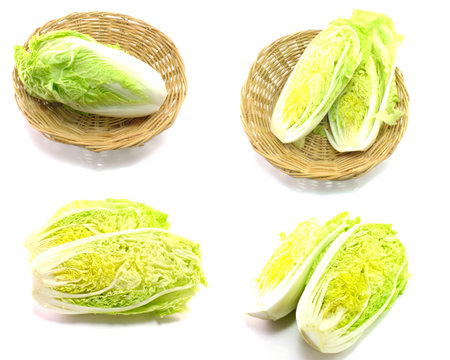 set of green cabbage on white backgroundの写真素材