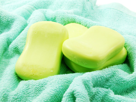 bar of natural soap for cleaning and healthy on towel selective focusの写真素材