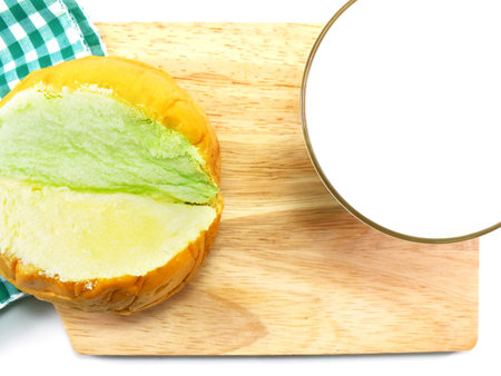 fresh toast with homemade butter with fresh milk on wooden background