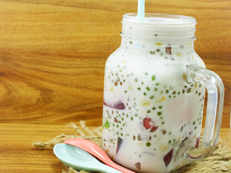 sweet milk tofu with jelly and space for copyの写真素材