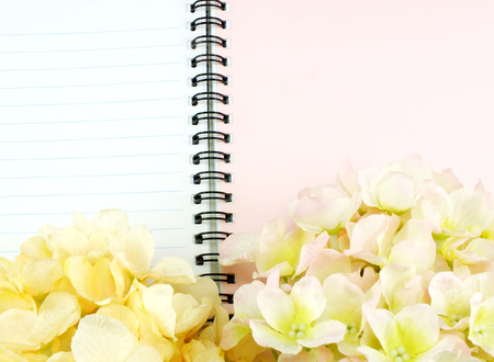 blank sheet of notebook and red and beautiful hydrangea of artificial flowersの写真素材