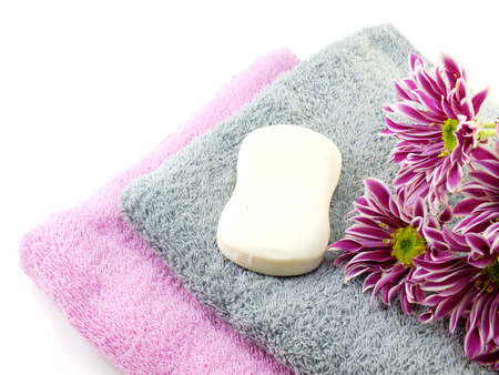 white soap bar on double towelの写真素材