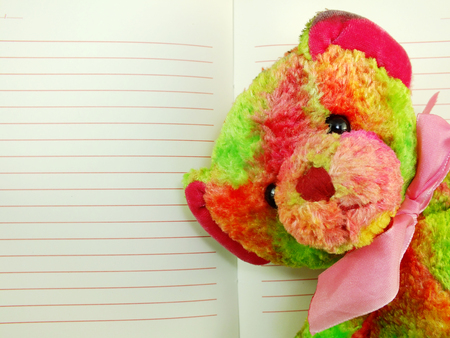 the open notebook paper with red lines and colorful teddy bearの写真素材