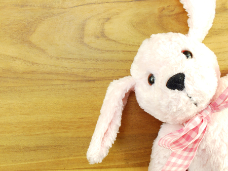pink dog doll in the basket with wooden backgroundの写真素材